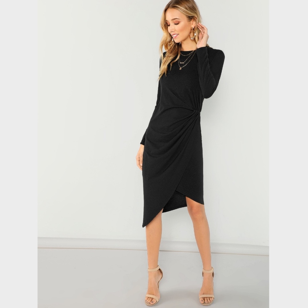 Draped Waist Asymmetric Long Sleeve Casual Dress - Picture 4 of 8